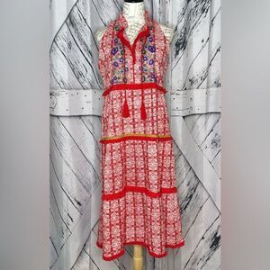 Adrift Tiered Sleeveless Dress Embroidered & Fringed Size S